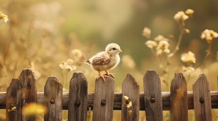 Cute Chick on Wooden Fence Surrounded by Blossoming Flowers