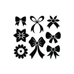 Vector black silhouette icons of floral ribbon bows in assorted elegant styles, isolated, clean and modern fashion elements