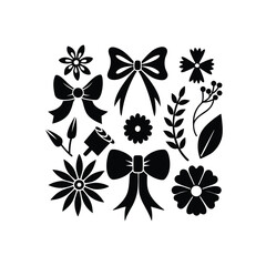 Vector black silhouette icons of floral ribbon bows in assorted elegant styles, isolated, clean and modern fashion elements in Adobe Illustrator Artwork