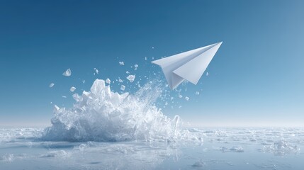 Paper Plane Soaring Above Ice Crystals and Snowy Landscape under Clear Blue Sky