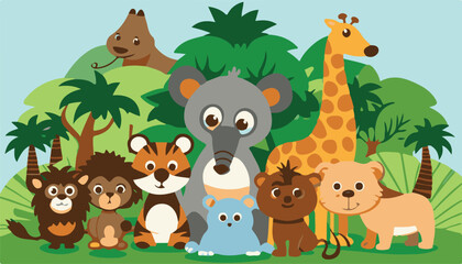 Naklejka premium Cute cartoon wild animals vector illustration set