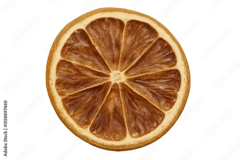 Poster close-up of a dehydrated orange slice, preserving its segmented structure and natural texture, isola