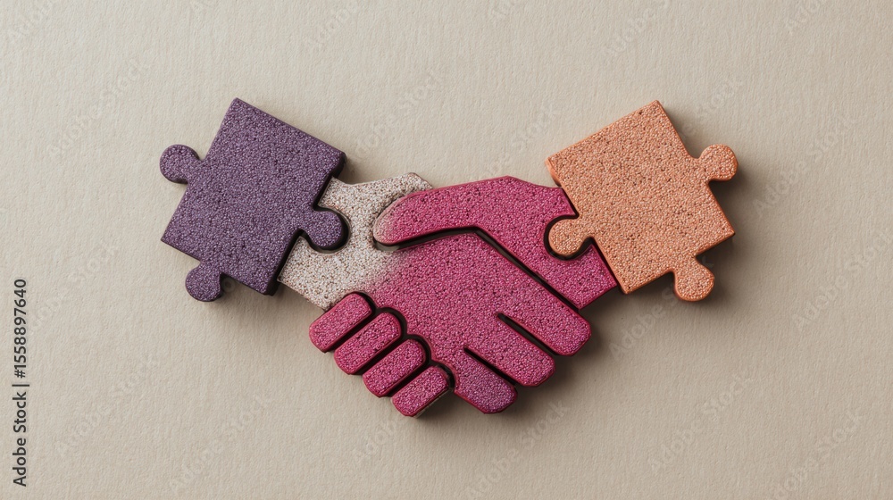 Poster partnership handshake created with colorful puzzle pieces on a minimalistic background symbolizing u