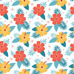 Tropical Floral Pattern with Hibiscus and Palm Leaves