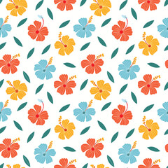 Vibrant hibiscus flowers and tropical leaves seamless repeat