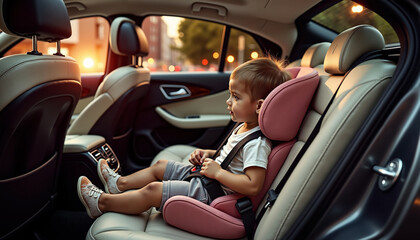 Child sitting securely in car's child safety seat during sunset  