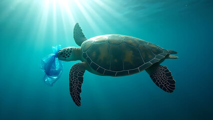 Fototapeta premium Sea turtle swims with plastic bag, reflecting ocean pollution and the urgent need for environmental protection