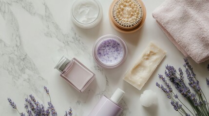 Spa Products on Marble Surface with Lavender Flowers and Towels