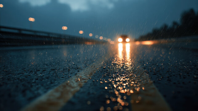 Wet asphalt highway with headlights approaching in the rain blurry night road reflection driving danger speed motion commute