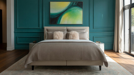 Elegant bedroom with teal walls and plush bedding king size bed