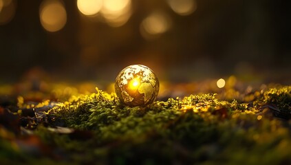 A bright Earth globe on mossy rocks in the center of the frame against a blurred background.