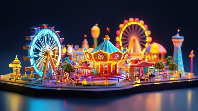 A vibrant, colorful, illuminated amusement park scene with a Ferris wheel, carousel, and other attractions at night.