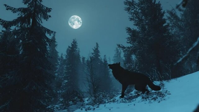 Mystical winter night: A lone wolf howls at the full moon in a snowy forest