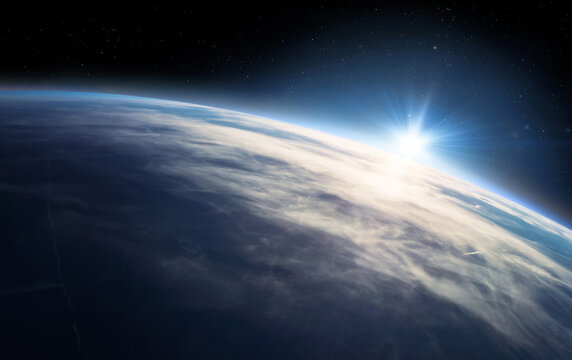 View of the Earth, stars and sun. Planet Earth, view from space. Space fantasy. Elements of this image furnished by NASA.