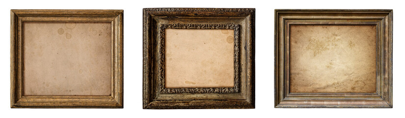 Collection of old wooden frames with canvas isolated on a white background. Artistic canvas and frames design element. Old parchment paper in vintage rustic wood frame.