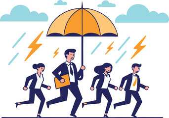 Team of business people running together under an orange umbrella during a storm with lightning and rain isolated on transparent background
