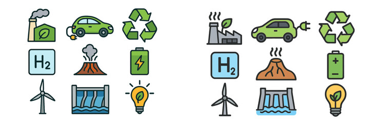 Illustrations of sustainable energy and environmental symbols showing alternative technologies and renewable resources