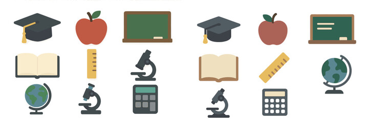 Educational symbols featuring classroom elements like books, chalkboards, and globes in a colorful design suitable for school themes