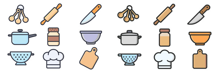 Cooking utensils and kitchen tools arranged neatly for meal preparation in a modern kitchen setting