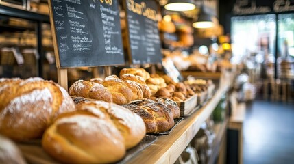 Freshly Baked Goods Displayed on a Chalkboard Menu in Bakery