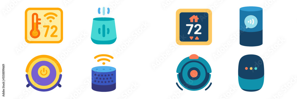 Poster smart home devices display various functionalities for temperature control and sound interactions in