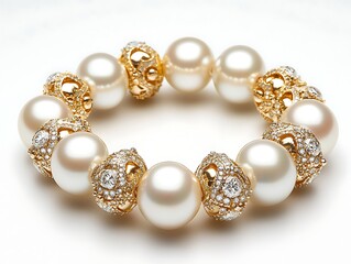 A gold and pearl bracelet studded with diamonds, with large pearls of various sizes studded next to each bead.