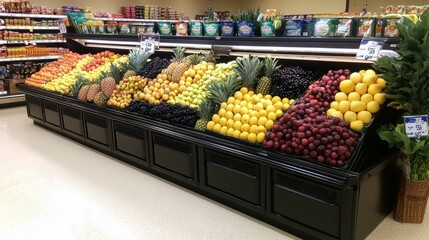 Bright and Colorful Display of Tropical Fruits in Grocery Store