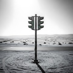 Solitary Traffic Light in Desolate Desert Landscape