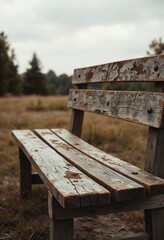 Fototapeta premium Old rustic bench in empty field with peeling paint and vintage texture, nostalgic outdoor scene