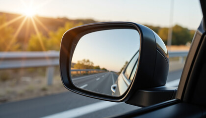 Fototapeta premium Car's side mirror reflecting open highway under sunset light 