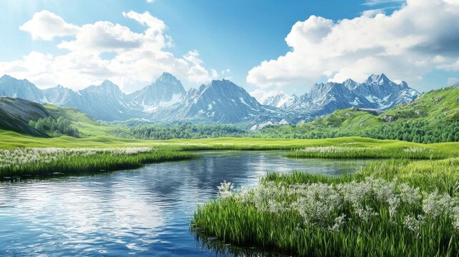 A serene mountain landscape with a calm river and lush greenery, featuring a clear blue sky and scattered clouds.