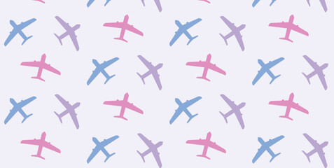 Seamless Pattern with Airplane Silhouettes in Blue Pink and Purple. Flat Aircraft Icons Flying in Different Directions on Light Background. Vector Illustration for Travel and Aviation Theme.