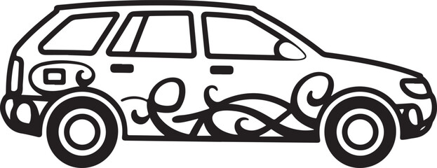 Naklejka premium Decorated Van Sketch Travel Art Minimalist Swirl Design Custom Vehicle Illustration