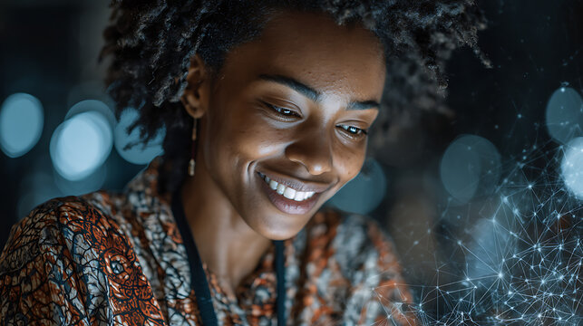 Portrait of a smiling african american woman with technology network connection overlay effect art design - Powered by Adobe