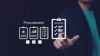 Workflow concept of digital online purchasing or ordering goods and Paperless. Man hand touch invoice document on virtual screen on Purchasing Management Software