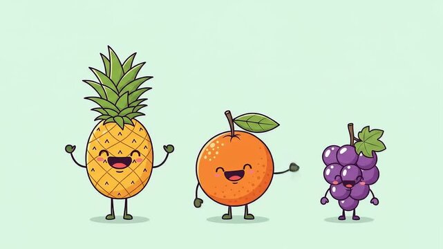 Happy Pixel Art Fruit Characters Pineapple, Orange, and Grapes on Green Background
