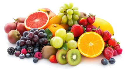 Juicy Bounty: Vibrant Pile of Fresh Fruit Images on Immaculate White Backgrounds – Colorful Citrus Towers, Glistening Berry Mounds, Tropical Fruit Stacks, and Juicy Harvest Arrangements in High-Defini