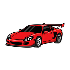 A sleek red sports car illustration. Cartoon drawing of a fast, modern performance automobile with a rear spoiler, symbolizing speed, luxury, and racing.