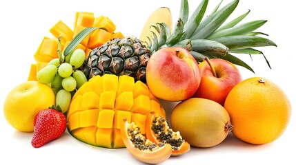 Juicy Bounty: Vibrant Pile of Fresh Fruit Images on Immaculate White Backgrounds &ndash; Colorful Citrus Towers, Glistening Berry Mounds, Tropical Fruit Stacks, and Juicy Harvest Arrangements in High-Defini