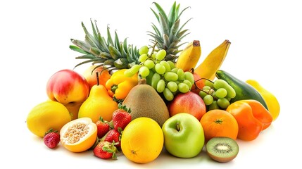 Juicy Bounty: Vibrant Pile of Fresh Fruit Images on Immaculate White Backgrounds &ndash; Colorful Citrus Towers, Glistening Berry Mounds, Tropical Fruit Stacks, and Juicy Harvest Arrangements in High-Defini