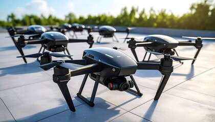 Multiple black drones on a rooftop
