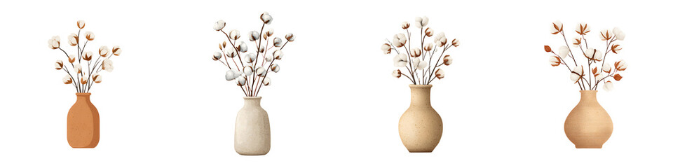 Cotton Flower Branches in Vases: Rustic Home Decor Collection