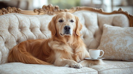 Regal Golden Retriever Relaxing on a Plush Sofa with a Cup of Coffee