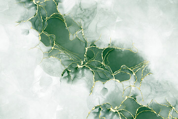green alcohol ink graceful abstract ink flow art mixed with gold patterns with a translucent background