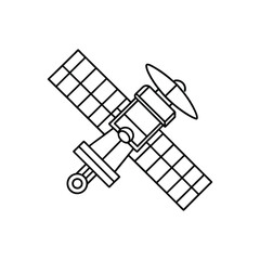 Stylized outline drawing of a modern satellite with solar panels and antenna.
