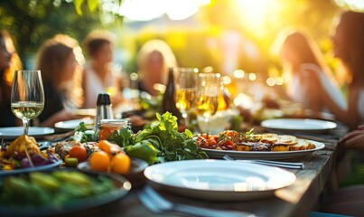 A group of people are sitting around a table with a variety of food and drinks