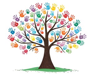 a colorful tree made of hand prints on white background