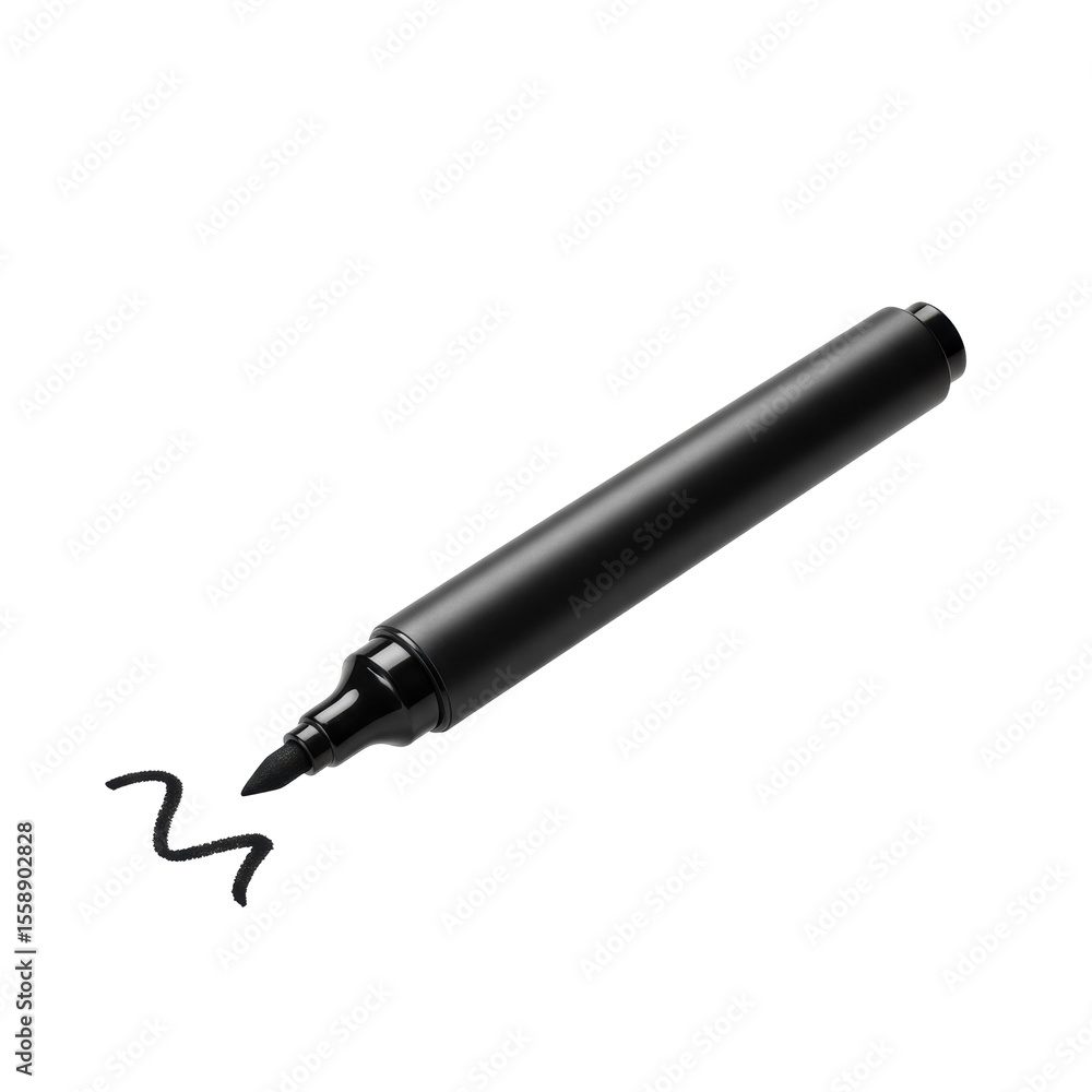 Poster a sleek black brush tip marker, cylindrical with visible flexible tip and cap, isolated and floating