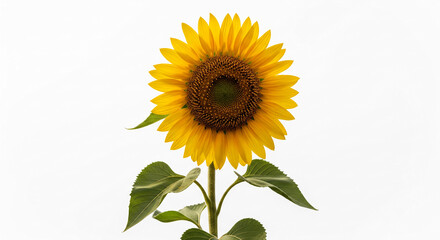 Fototapeta premium Single yellow sunflower isolated on white background, showcasing vibrant petals and brown center, symbolizing summer, happiness, and nature's beauty