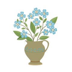 Delicate blue forget me not flowers arranged in a rustic ceramic pitcher.
